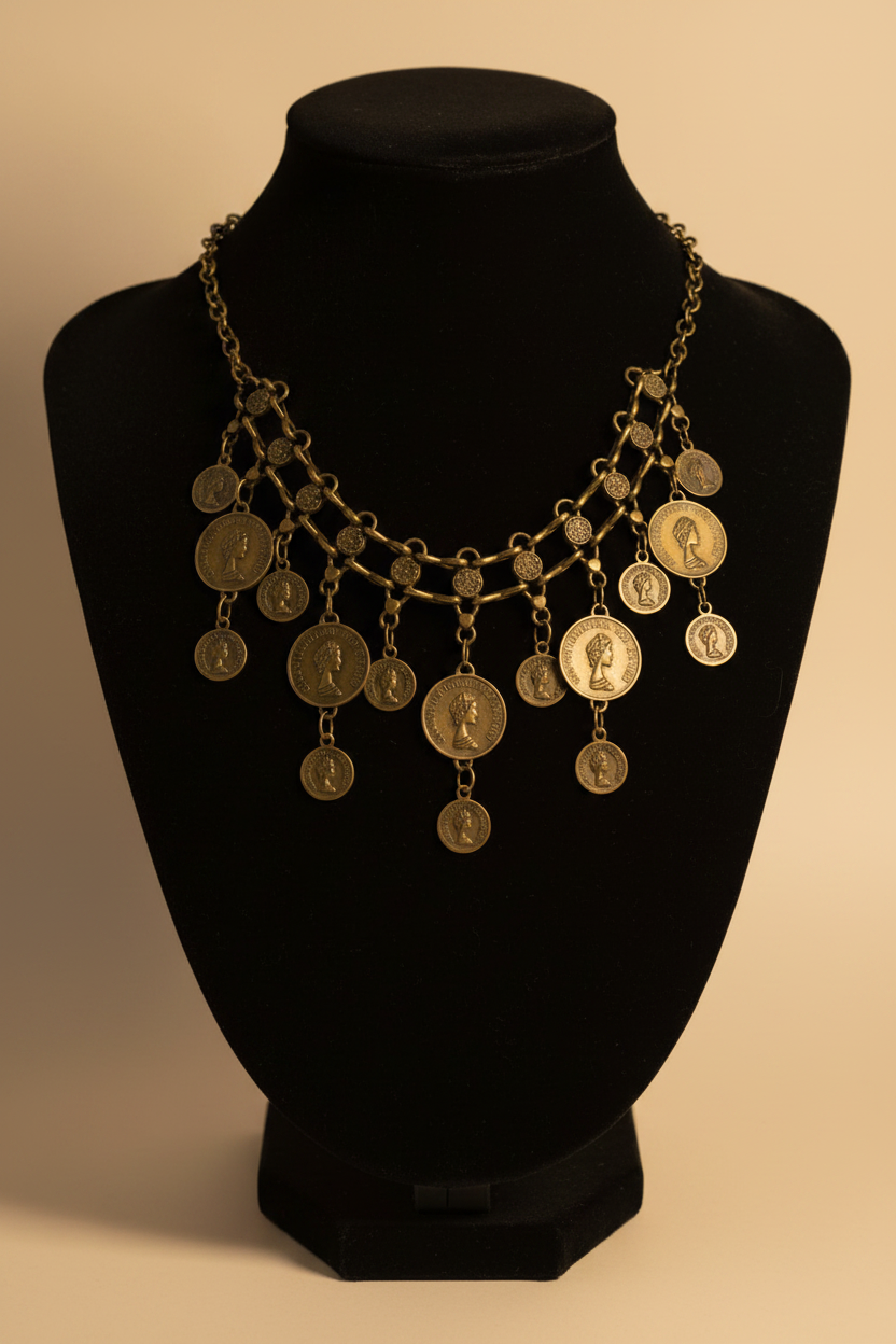 collier vintage - doré vieilli - travaillé - pièces Queen Elizabeth the second  - rare - chic élégant