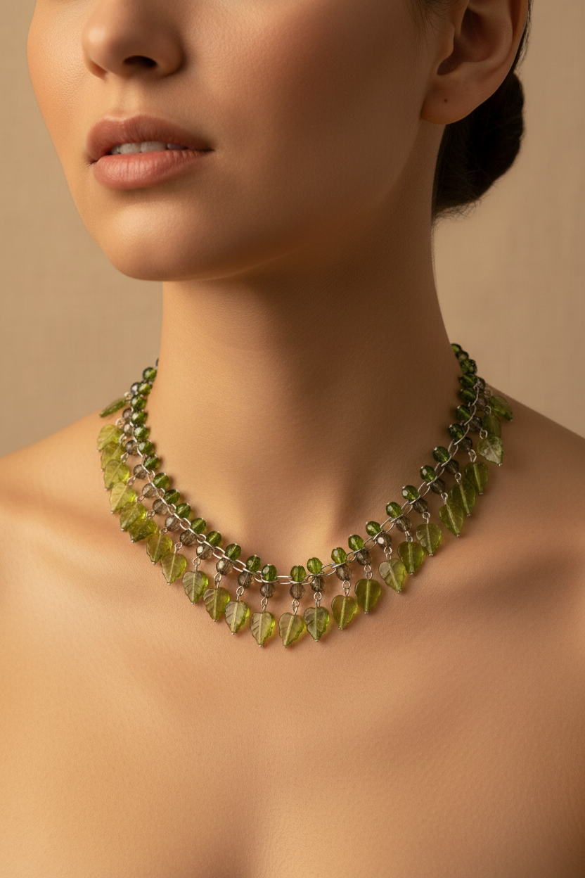 collier vintage - neuf - double rang - pendentif feuille verte bohème - perles facetté - chaine argentée