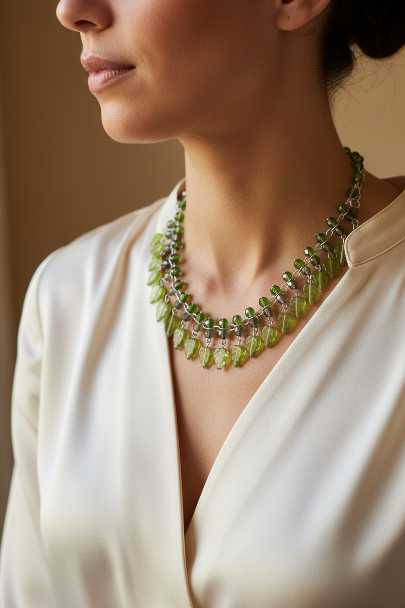 collier vintage - neuf - double rang - pendentif feuille verte bohème - perles facetté - chaine argentée