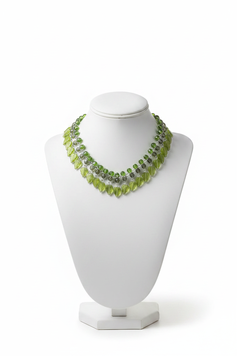 collier vintage - neuf - double rang - pendentif feuille verte bohème - perles facetté - chaine argentée