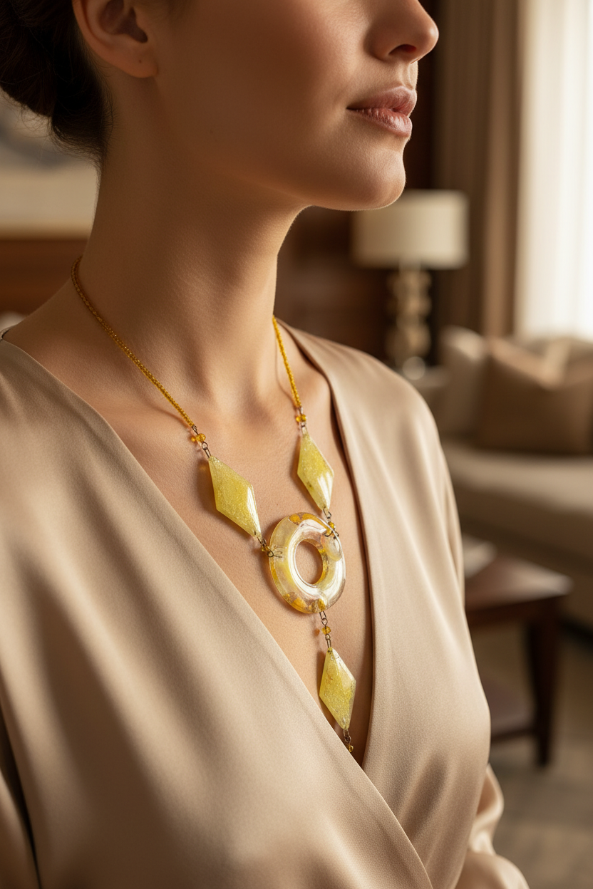 collier rare - original - verre soufflé vert jaune - artistique - perle jaune - artisanal