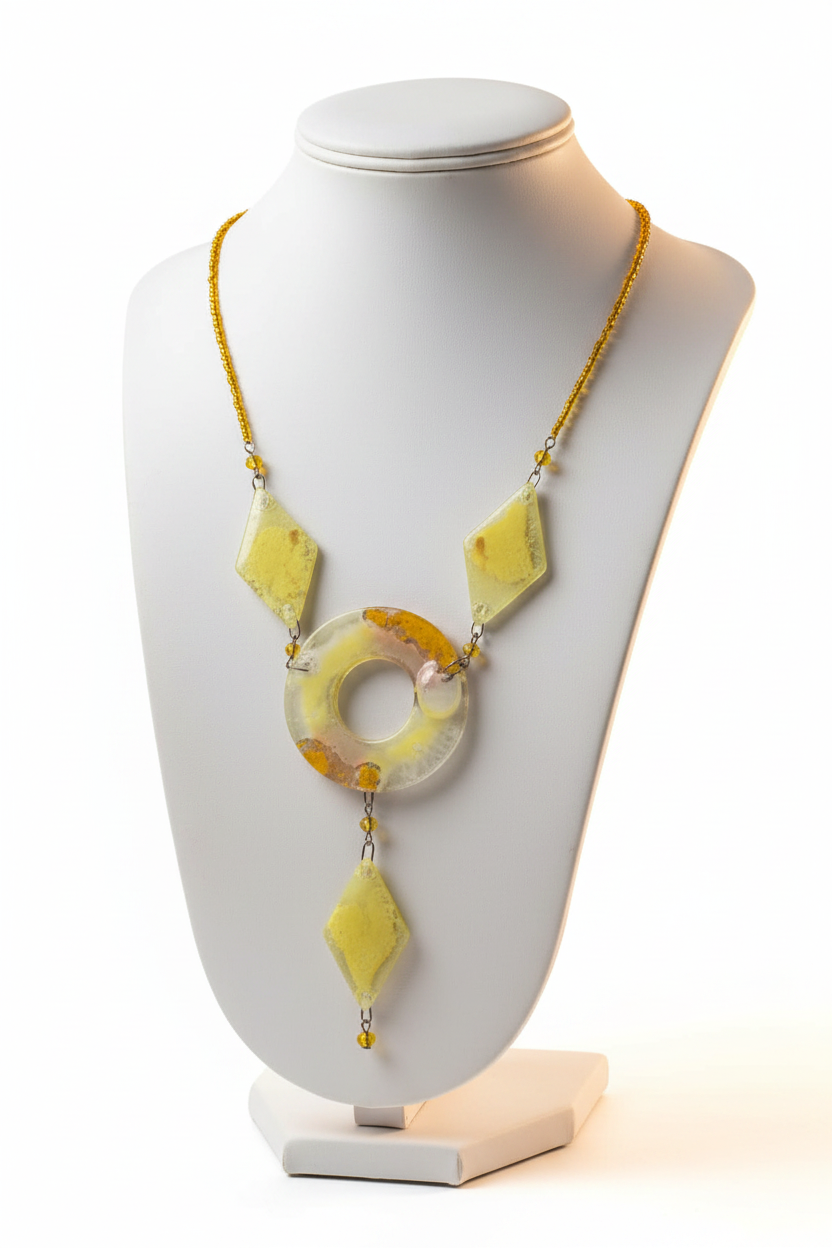 collier rare - original - verre soufflé vert jaune - artistique - perle jaune - artisanal