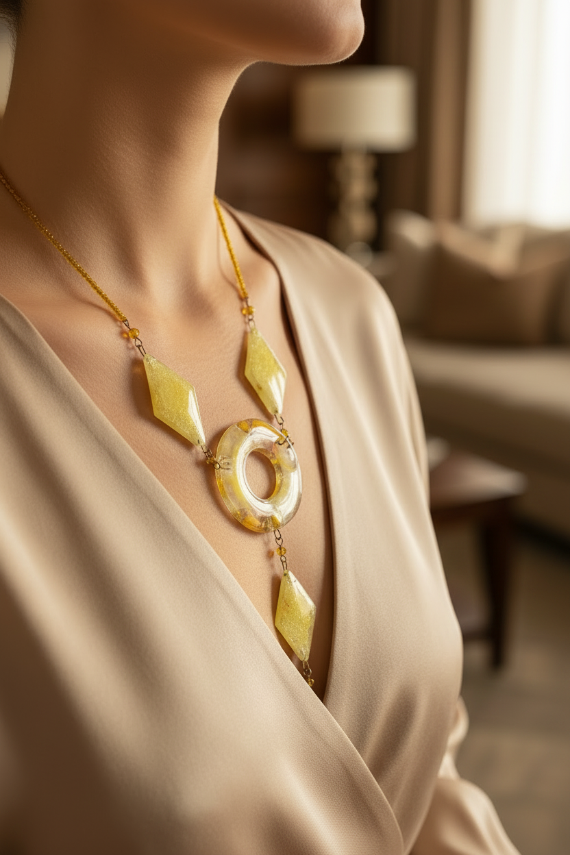 collier rare - original - verre soufflé vert jaune - artistique - perle jaune - artisanal