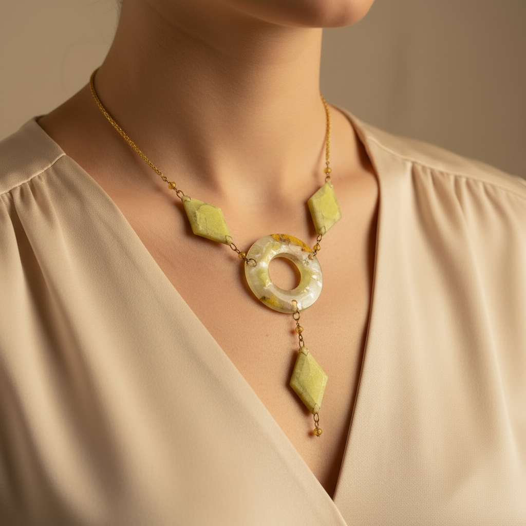 collier rare - original - verre soufflé vert jaune - artistique - perle jaune - artisanal
