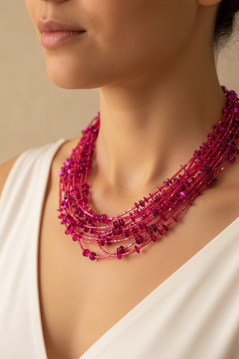 collier vintage - multi rangs rose fuchsia framboise - perles facetté brillantes - volume relief chic