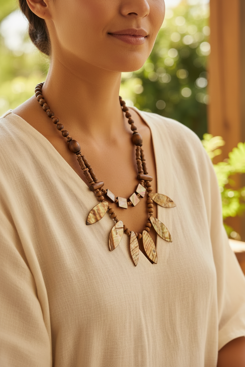 collier vintage - pendentif feuilles en nacre reflet irisé - perles bois - esprit bohème ethnique