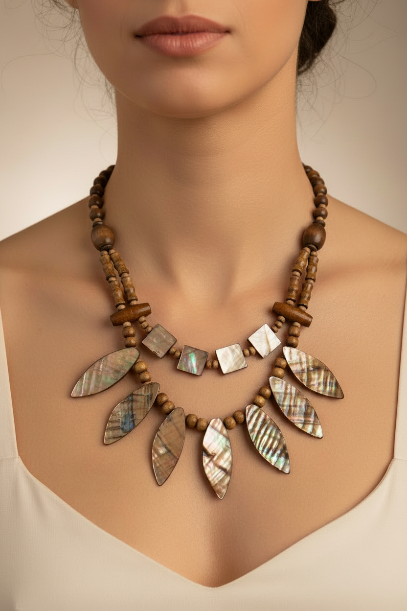 collier vintage - pendentif feuilles en nacre reflet irisé - perles bois - esprit bohème ethnique