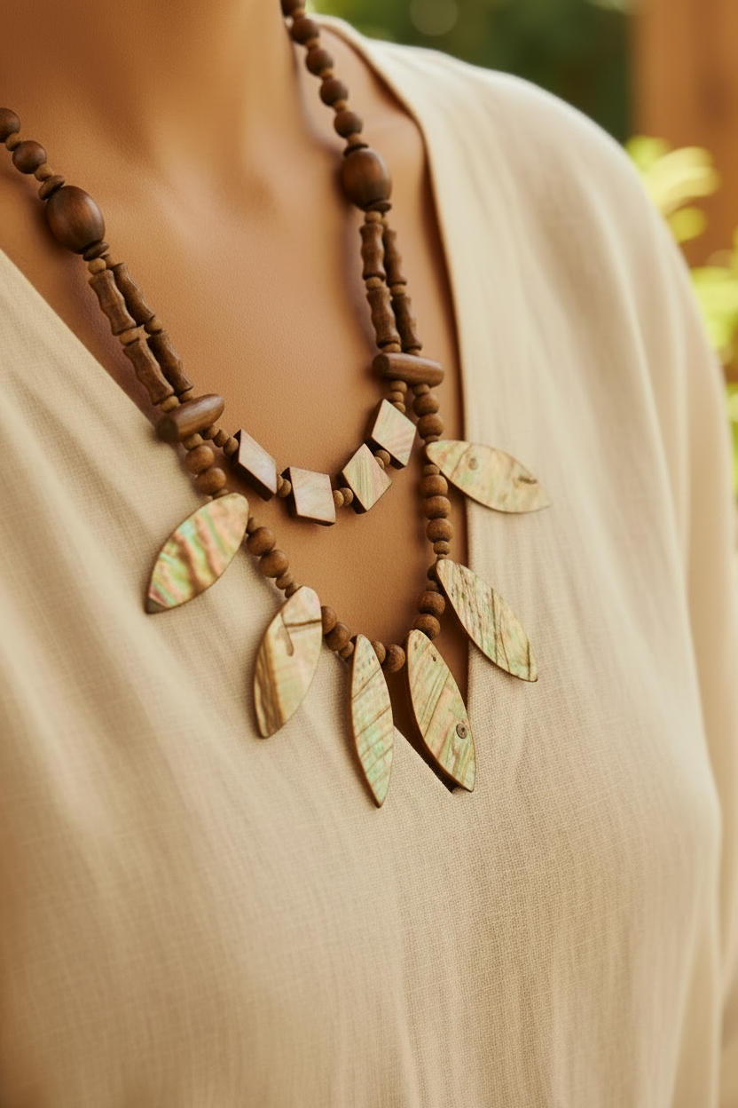collier vintage - pendentif feuilles en nacre reflet irisé - perles bois - esprit bohème ethnique