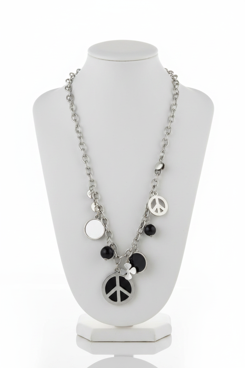 collier sautoir vintage - rock - peace and love - argenté noir - charms pendentif breloque trèfle - perles chaine maillon