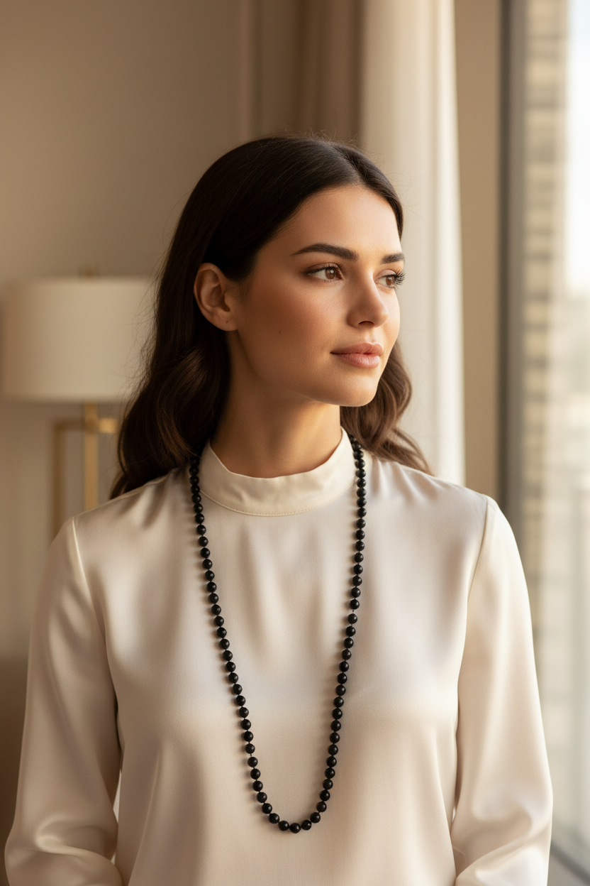 collier long sautoir - perles noir brillantes - minimaliste chic élégant intemporel casual