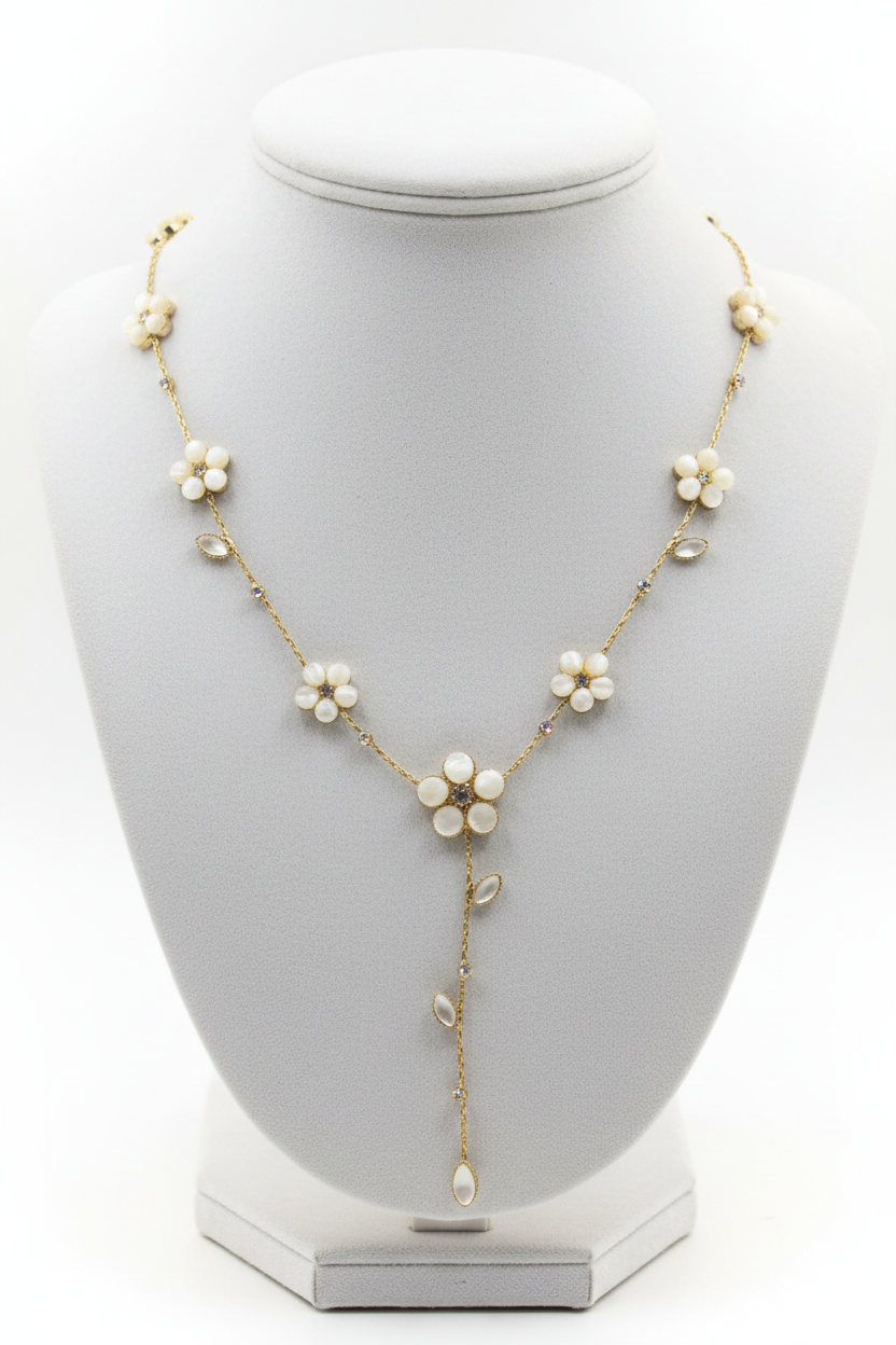 collier vintage - forme y - chaine argenté doré - pendentif fleurs perles strass blanc nacré - chic élégant