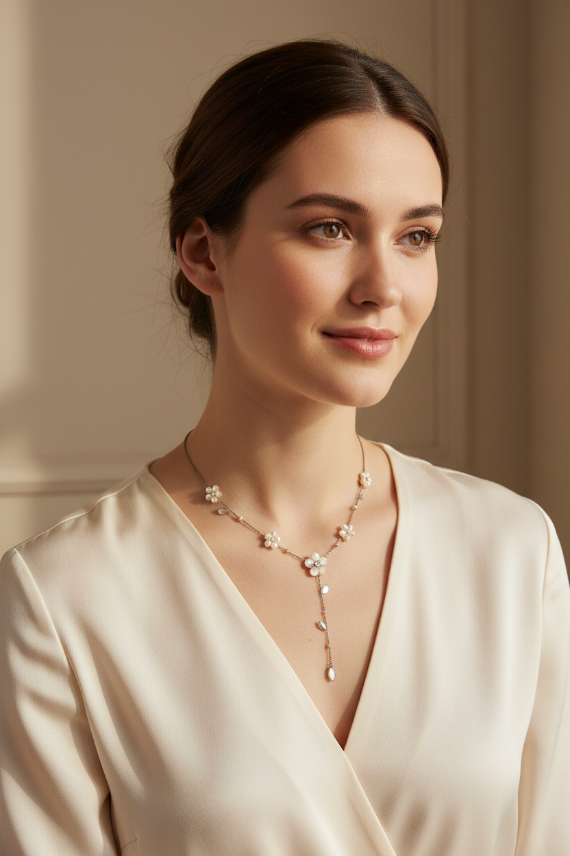 collier vintage - forme y - chaine argenté doré - pendentif fleurs perles strass blanc nacré - chic élégant