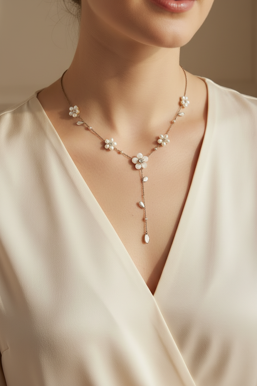 collier vintage - forme y - chaine argenté doré - pendentif fleurs perles strass blanc nacré - chic élégant
