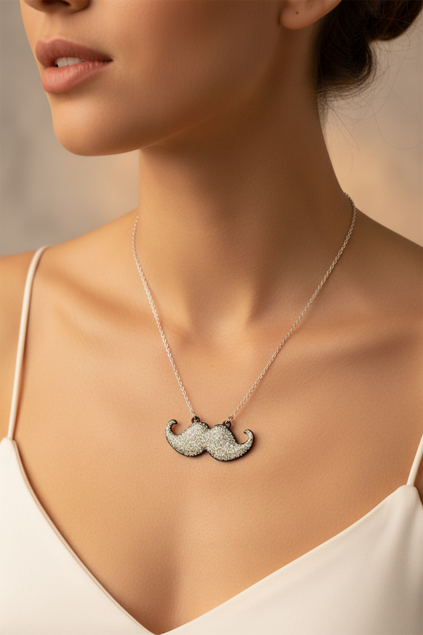 collier vintage - pendentif moustache - paillette argenté holographique - original mixte adulte ado enfant
