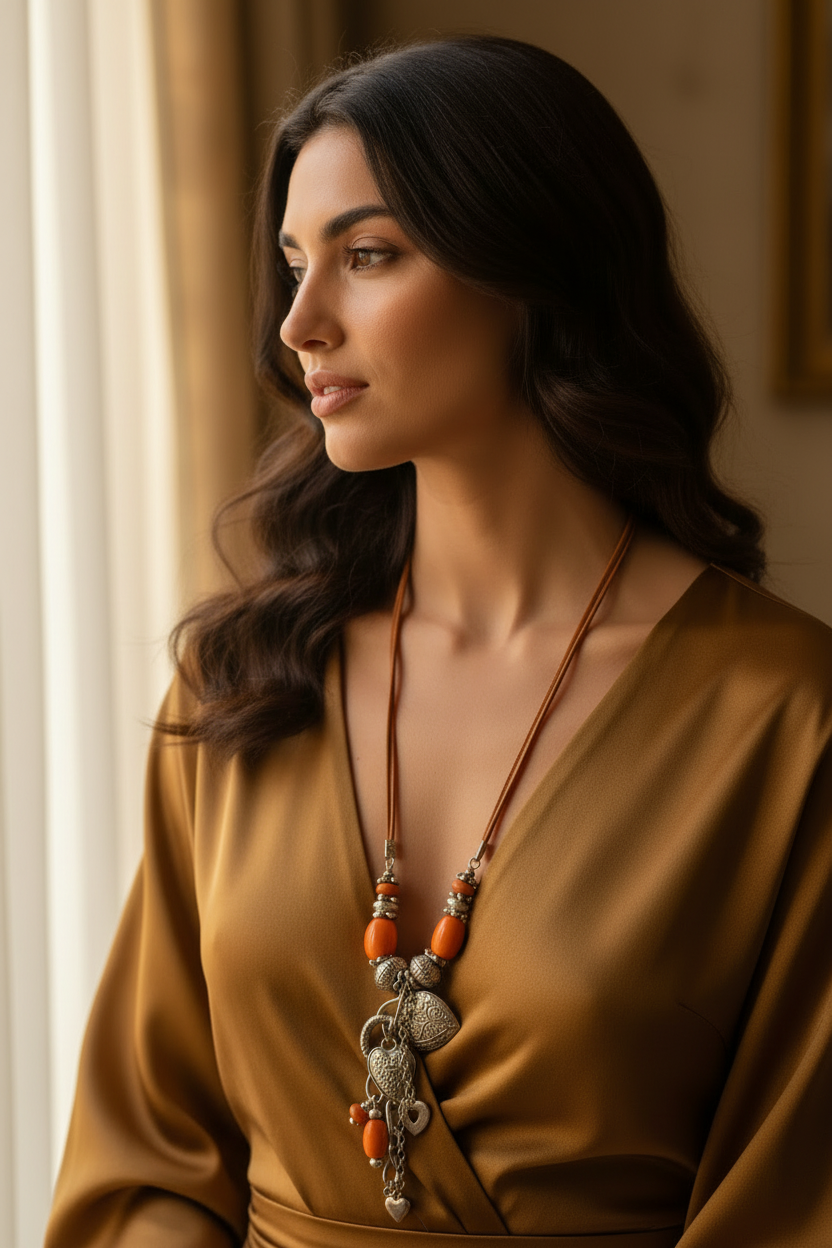 collier sautoir vintage - neuf - daim - jaune ou orange - pendentif pierre argenté rond effet léopard charms - chic