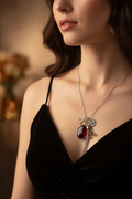 collier sautoir - chaine argenté - pendentif breloque charms perle cabochon pierre rouge bordeaux rose pampille - chic