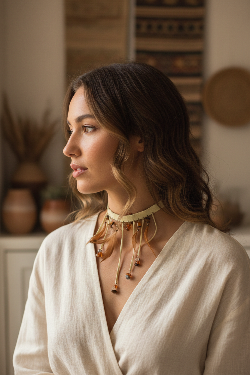 collier ras de cou shoker vintage - beige daim - plumes pierres - esprit bohème gipsy