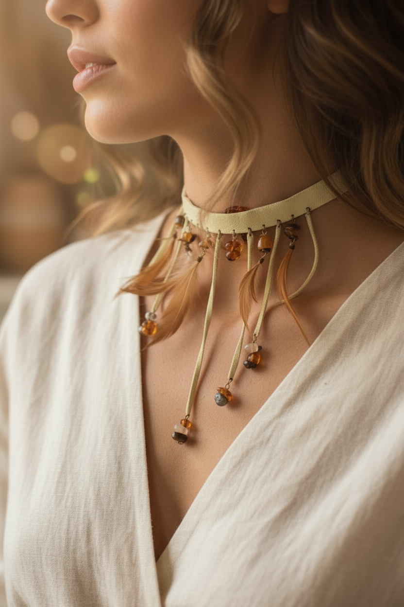 collier ras de cou shoker vintage - beige daim - plumes pierres - esprit bohème gipsy