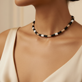 collier vintage - neuf - pierre effet naturelle - perle bois noir blanc beige argenté - style 90' mixte