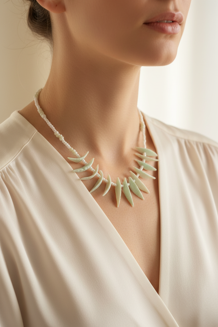 collier vintage - mixte - effet dent requin pierre - effet ivoire - en nacre - perle blanc - tribal sauvage