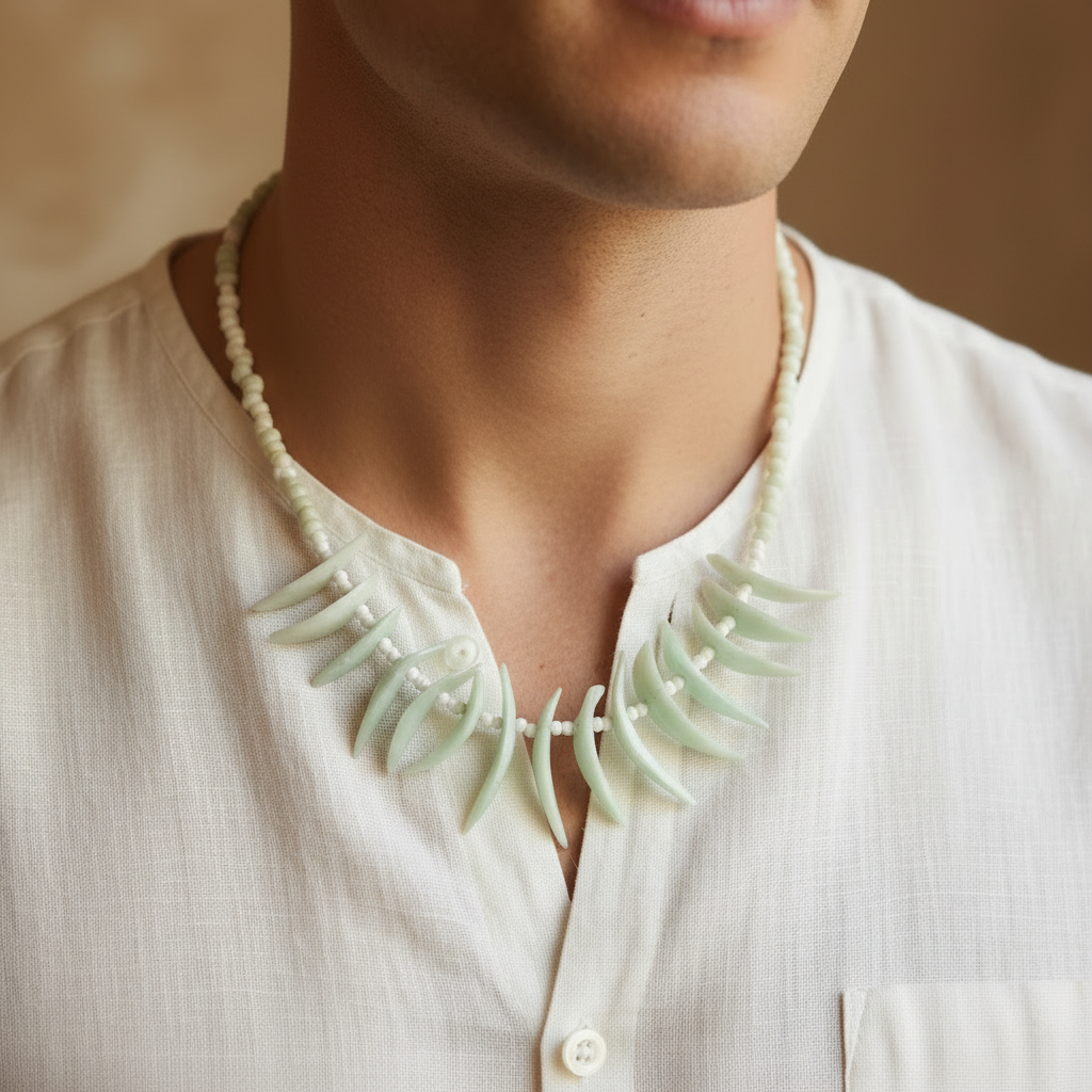 collier vintage - mixte - effet dent requin pierre - effet ivoire - en nacre - perle blanc - tribal sauvage