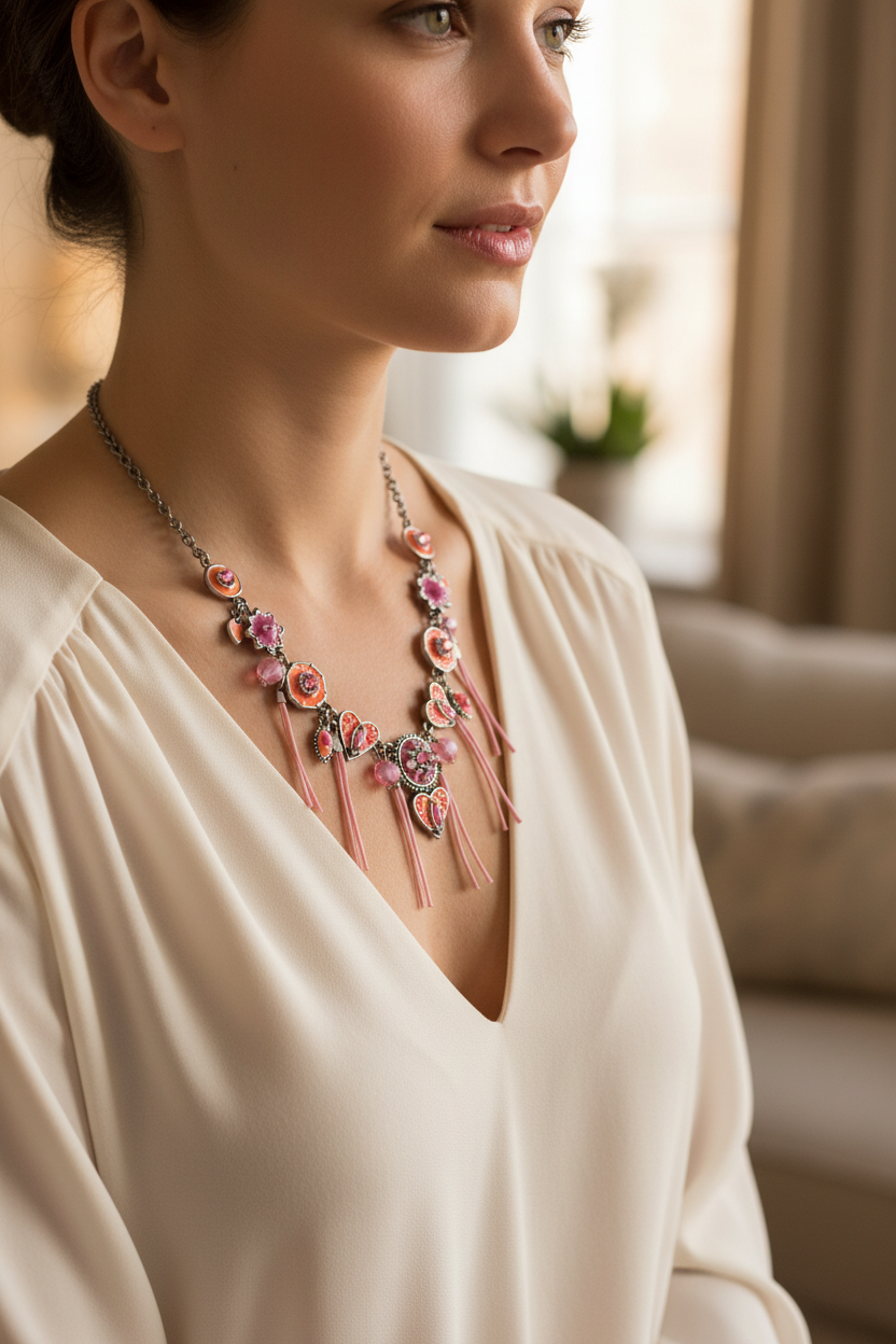 collier - neuf - marque d'ANA - chaine argenté acier inoxydable - perles pierres strass coeur pendentif émaille pampille - rose corail