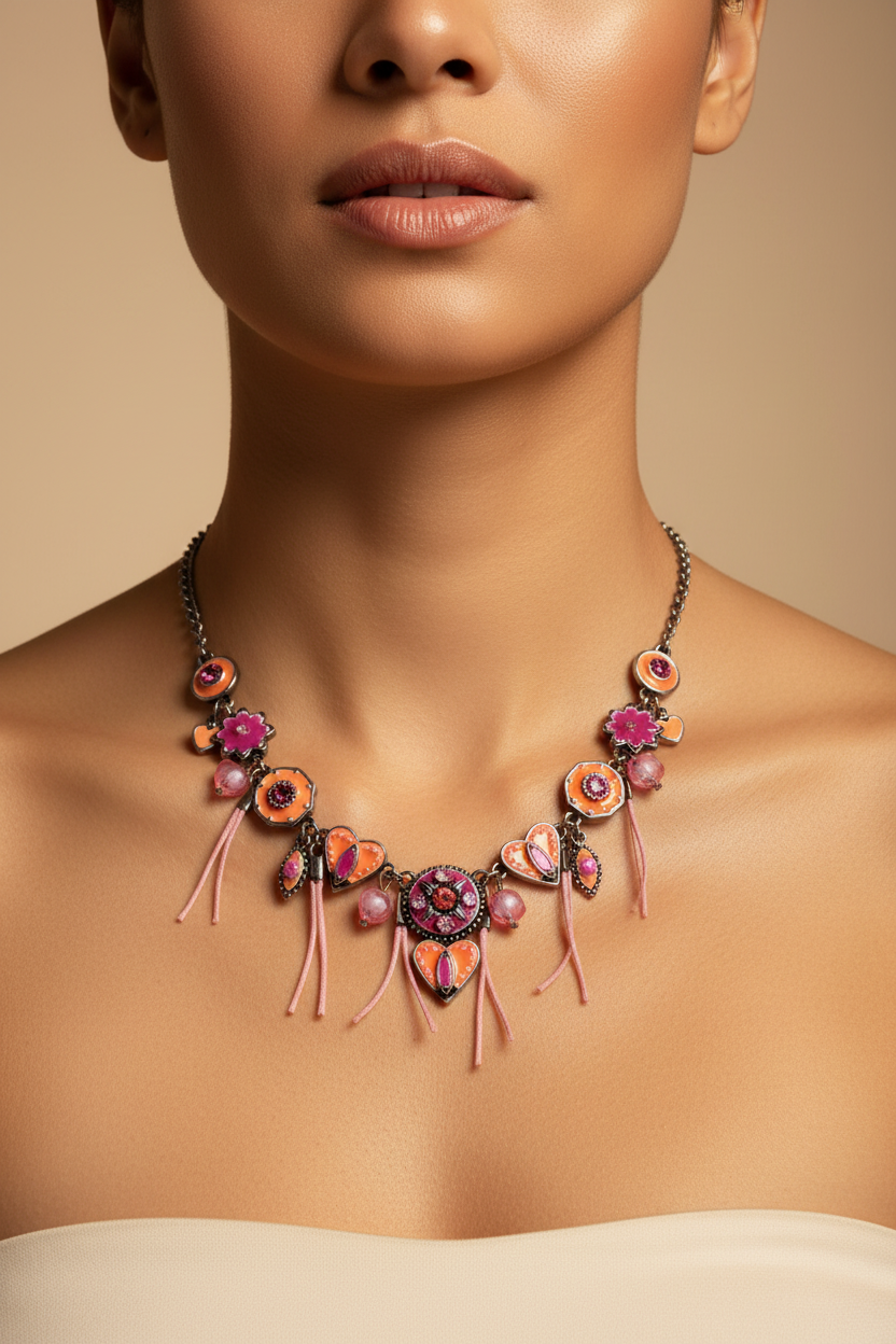 collier - neuf - marque d'ANA - chaine argenté acier inoxydable - perles pierres strass coeur pendentif émaille pampille - rose corail
