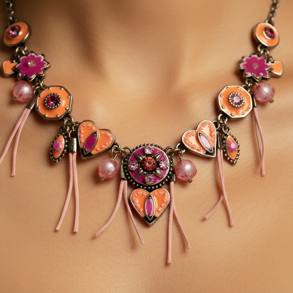 collier - neuf - marque d'ANA - chaine argenté acier inoxydable - perles pierres strass coeur pendentif émaille pampille - rose corail