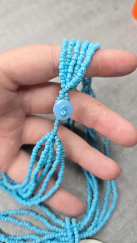 collier vintage - neuf - multi rang perles bleu turquoise - pendentif rond nacre noir blanc irisé bohème