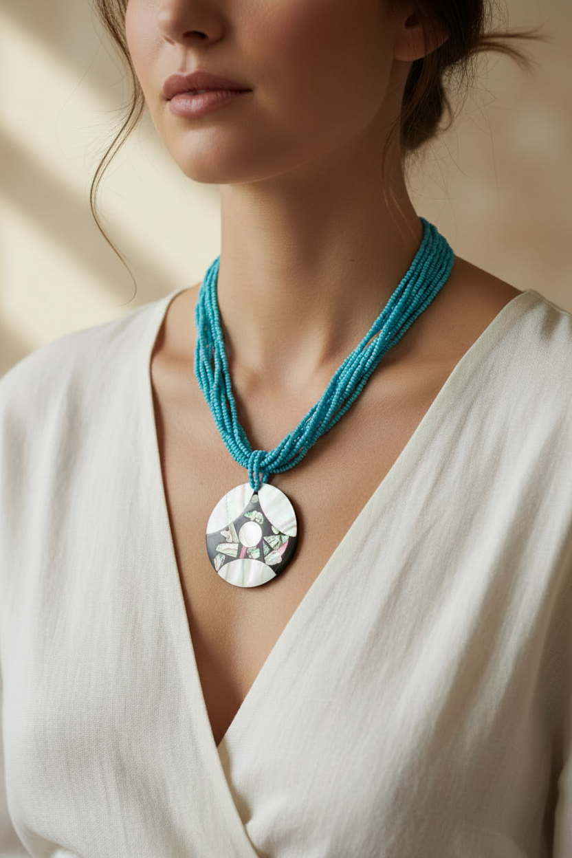 collier vintage - neuf - multi rang perles bleu turquoise - pendentif rond nacre noir blanc irisé bohème