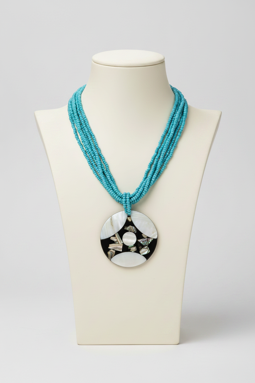 collier vintage - neuf - multi rang perles bleu turquoise - pendentif rond nacre noir blanc irisé bohème