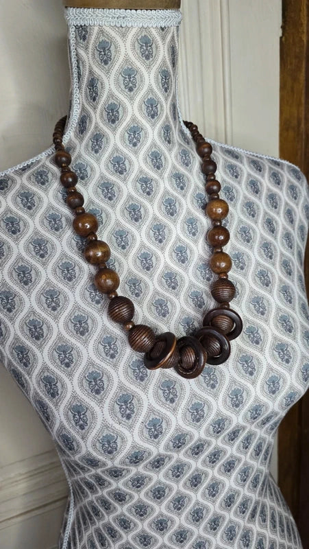 Lot collier + bracelet vintage - bois marron - perles sculpté - anneau - bohème ethnique - volume