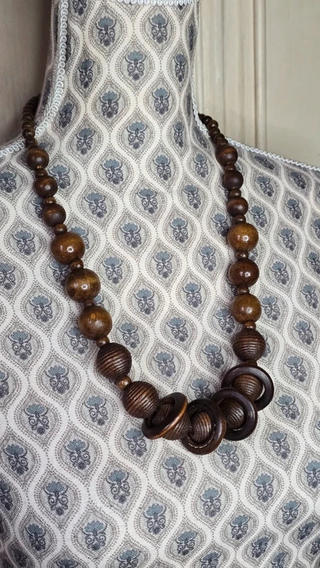 Lot collier + bracelet vintage - bois marron - perles sculpté - anneau - bohème ethnique - volume
