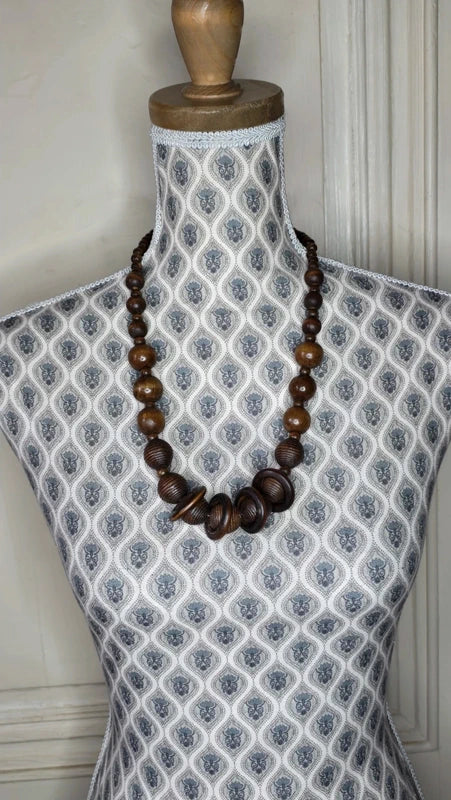 Lot collier + bracelet vintage - bois marron - perles sculpté - anneau - bohème ethnique - volume
