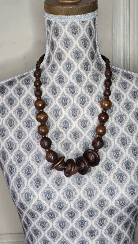 Lot collier + bracelet vintage - bois marron - perles sculpté - anneau - bohème ethnique - volume