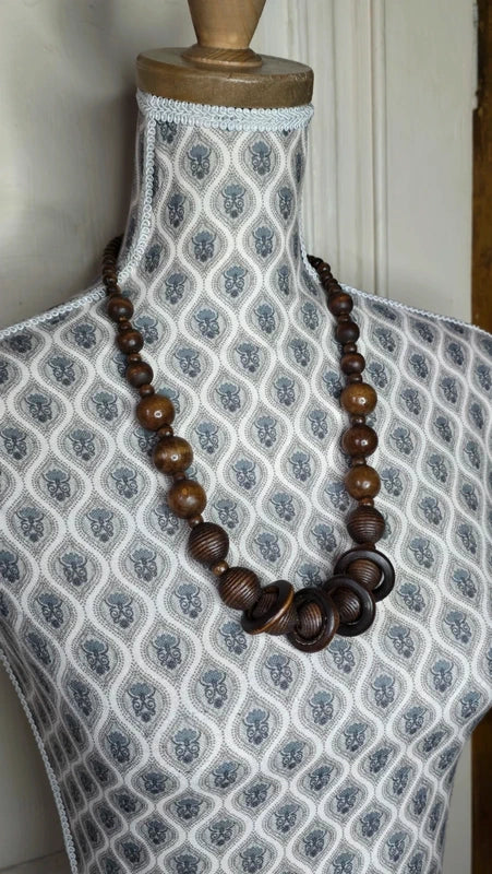 Lot collier + bracelet vintage - bois marron - perles sculpté - anneau - bohème ethnique - volume