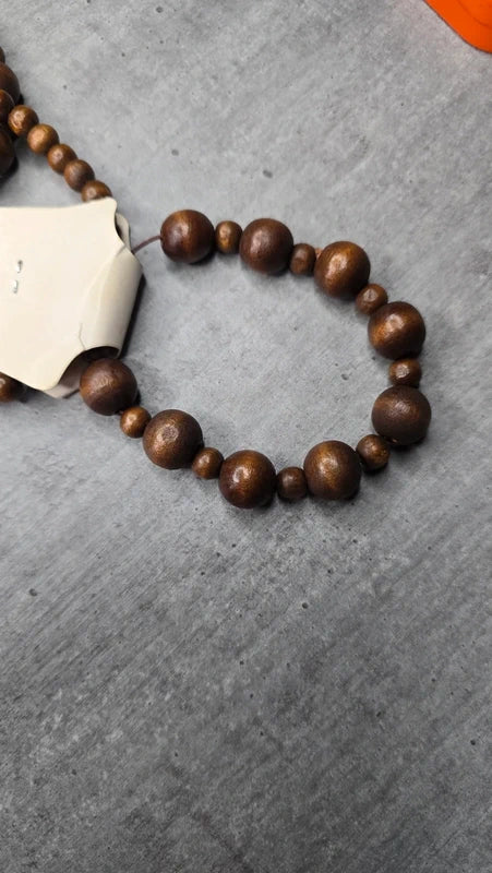 Lot collier + bracelet vintage - bois marron - perles sculpté - anneau - bohème ethnique - volume