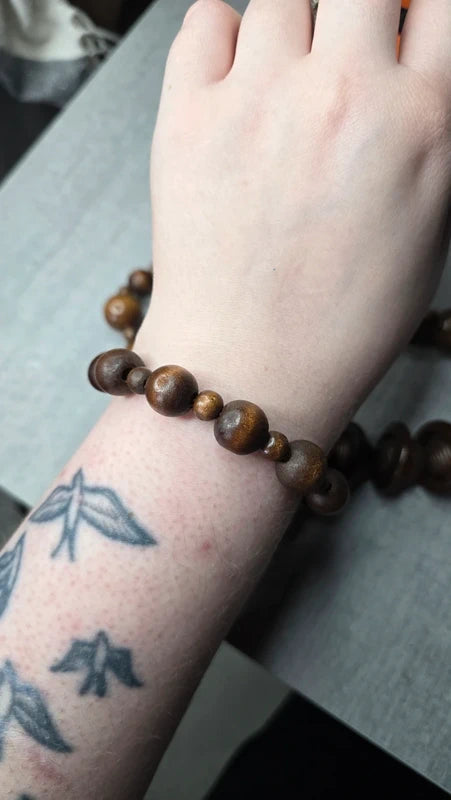 Lot collier + bracelet vintage - bois marron - perles sculpté - anneau - bohème ethnique - volume