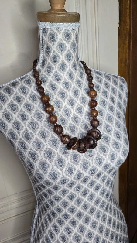 Lot collier + bracelet vintage - bois marron - perles sculpté - anneau - bohème ethnique - volume
