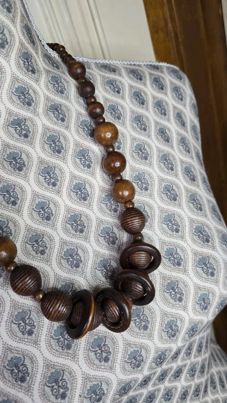 Lot collier + bracelet vintage - bois marron - perles sculpté - anneau - bohème ethnique - volume