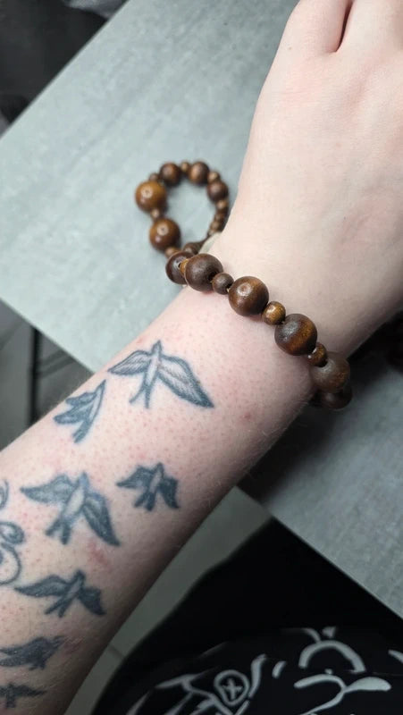 Lot collier + bracelet vintage - bois marron - perles sculpté - anneau - bohème ethnique - volume