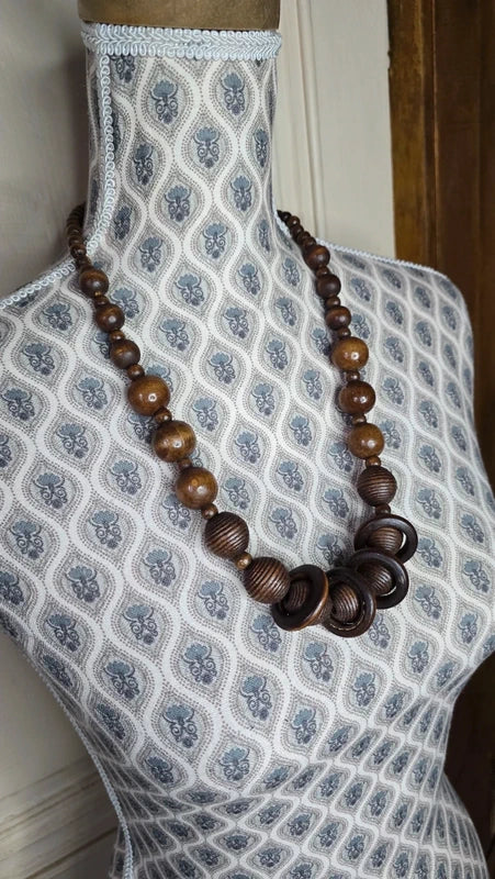 Lot collier + bracelet vintage - bois marron - perles sculpté - anneau - bohème ethnique - volume