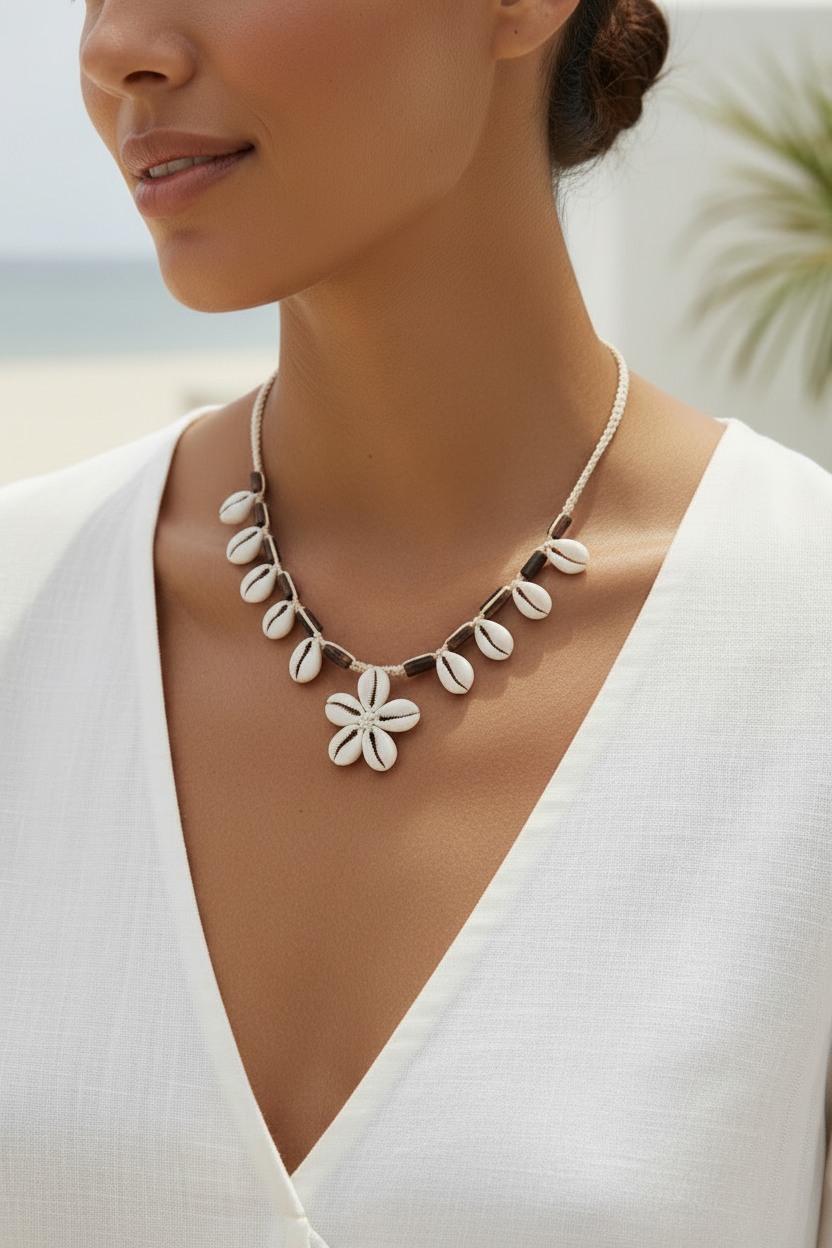 collier vintage - coquillages cauris - perles bois - cordon beige tressé blanc crème - bohème plage - mixte
