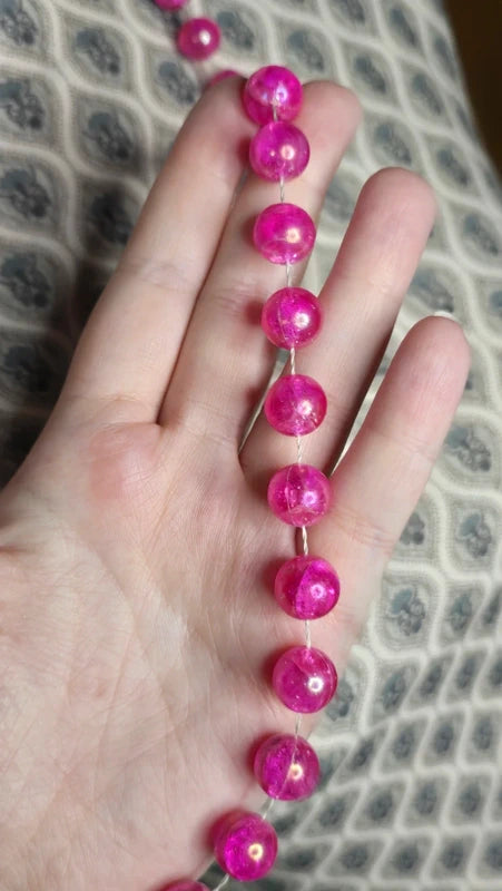collier sautoir vintage - perles rose flashy fuchsia paillettes craquelé - pop vibes 90 2000 Y2K