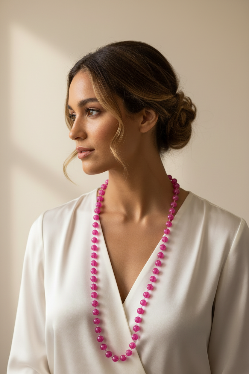 collier sautoir vintage - perles rose flashy fuchsia paillettes craquelé - pop vibes 90 2000 Y2K