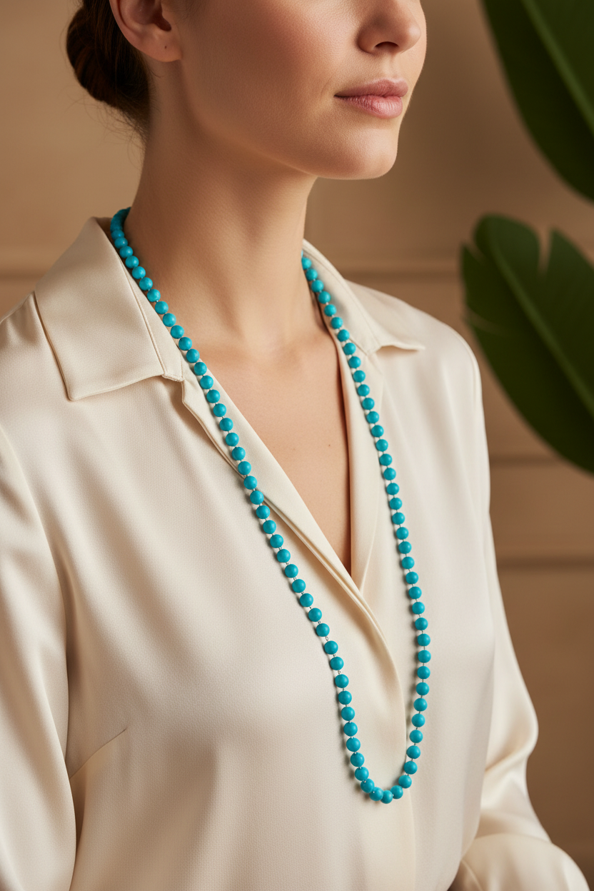 collier sautoir vintage - neuf - perles bleu turquoise brillantes - rétro chic pop