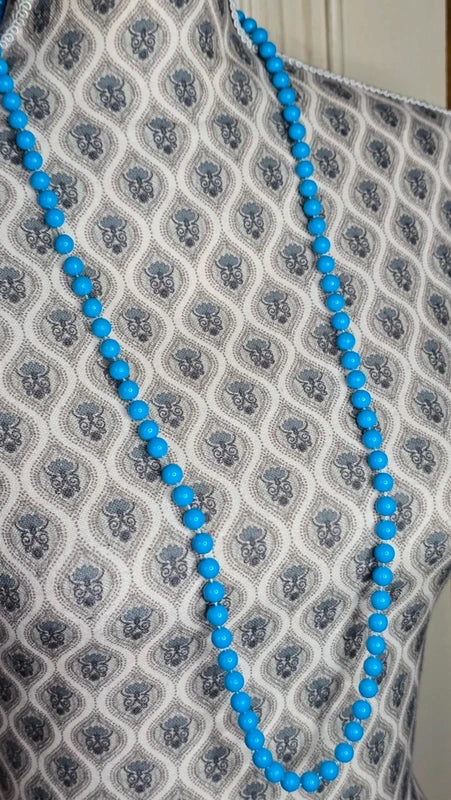collier sautoir vintage - neuf - perles bleu turquoise brillantes - rétro chic pop