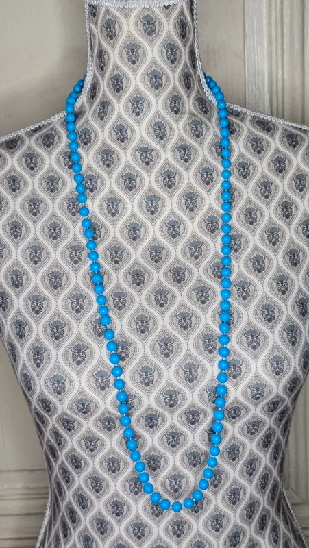 collier sautoir vintage - neuf - perles bleu turquoise brillantes - rétro chic pop
