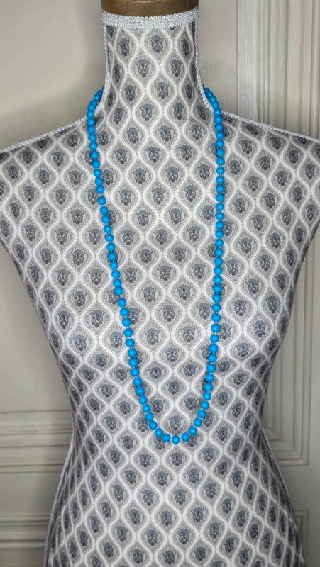 collier sautoir vintage - neuf - perles bleu turquoise brillantes - rétro chic pop