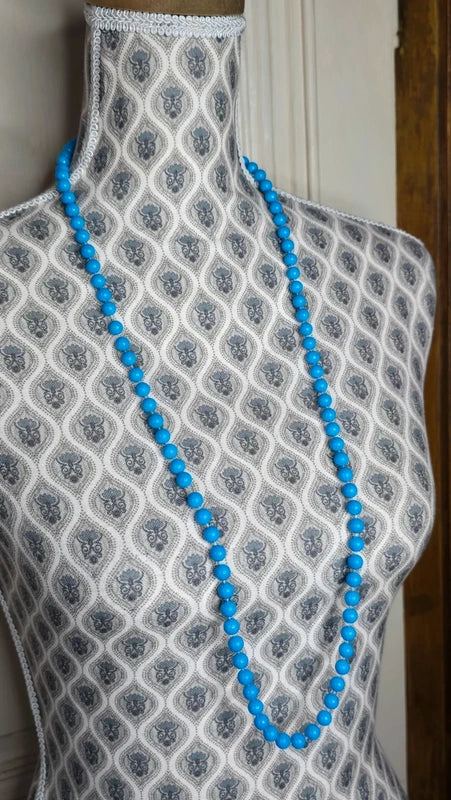 collier sautoir vintage - neuf - perles bleu turquoise brillantes - rétro chic pop